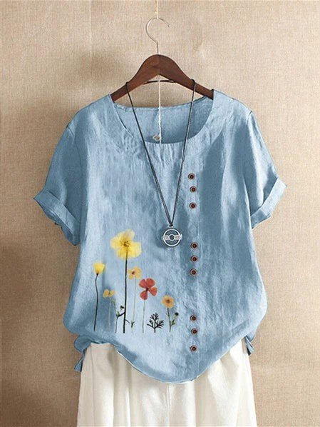 Short Sleeve Floral Casual Crew Neck Tops