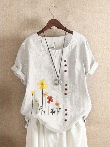 Short Sleeve Floral Casual Crew Neck Tops