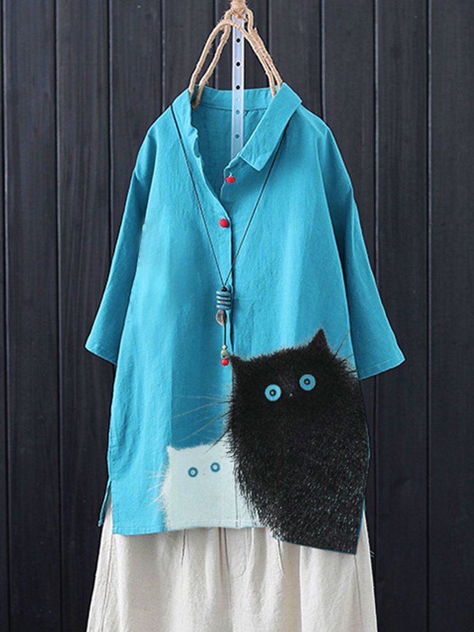Blue Casual Cotton-Blend Animal Tops