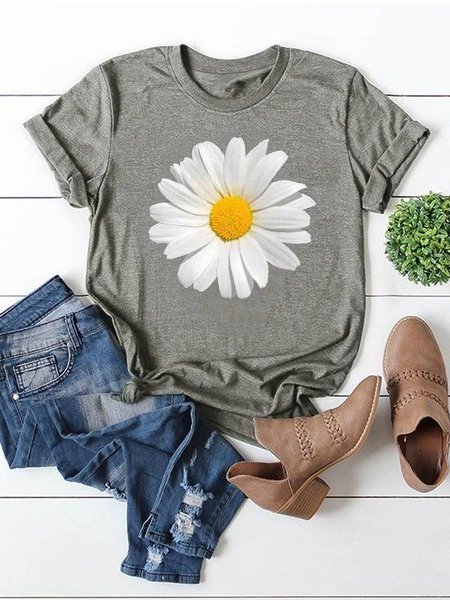 Short Sleeve Crew Neck Floral-print Casual T-shirt