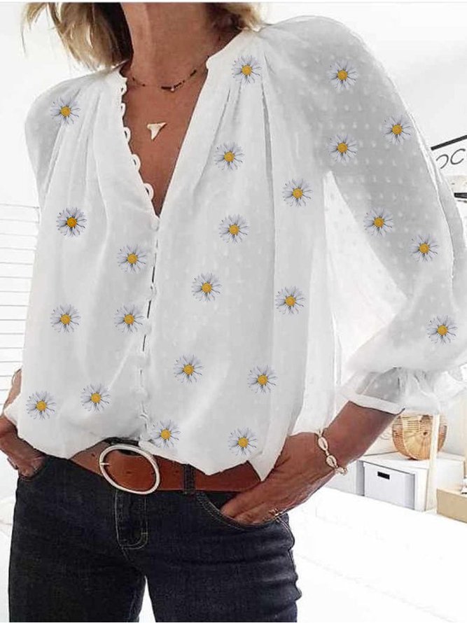 Printed Casual Floral V Neck Blouse