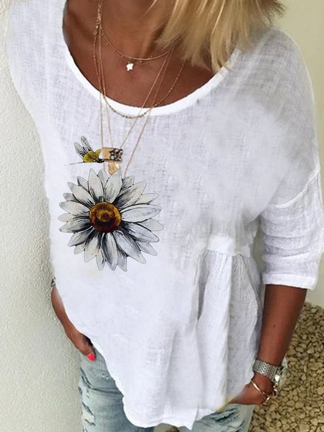 White Long Sleeve Printed Crew Neck Cotton Tops