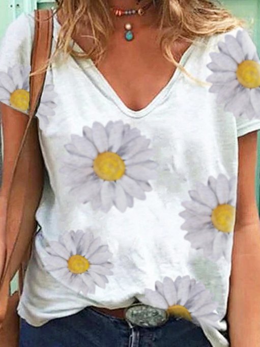 Casual Sunflower Print Short Sleeve T-Shirts & Tops