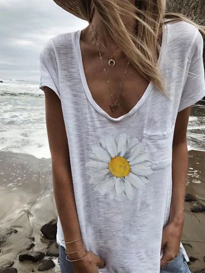 White Casual Floral Tops