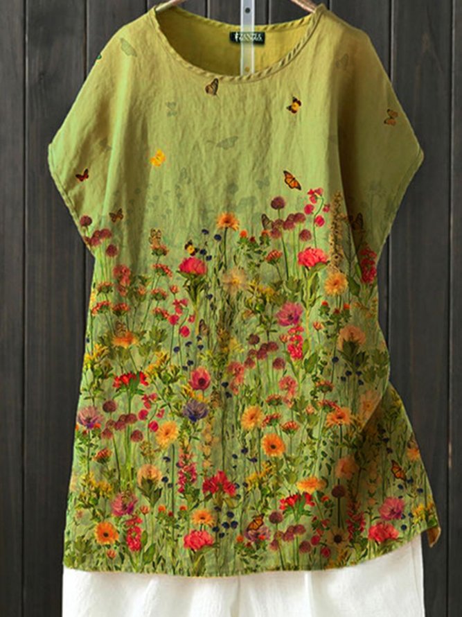 Flower Casual Cotton-Blend Floral T-shirt