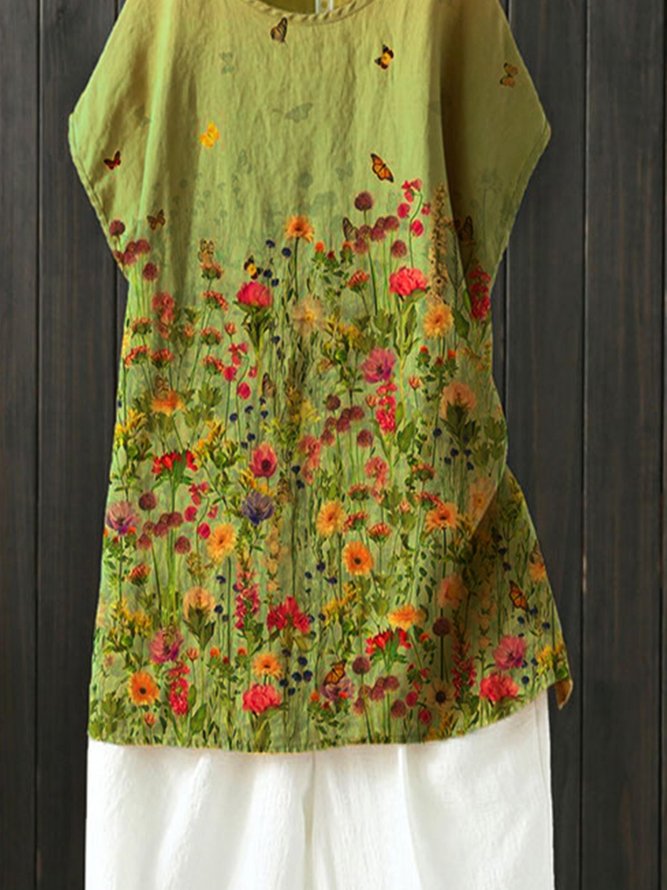 Flower Casual Cotton-Blend Floral T-shirt