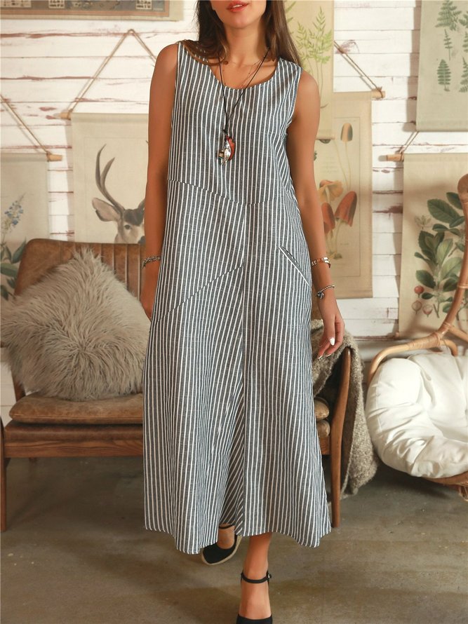 Stripe-Blue A-Line Cotton Sleeveless Weaving Dress
