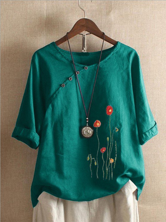 Casual Cotton Half Sleeve Floral Tops