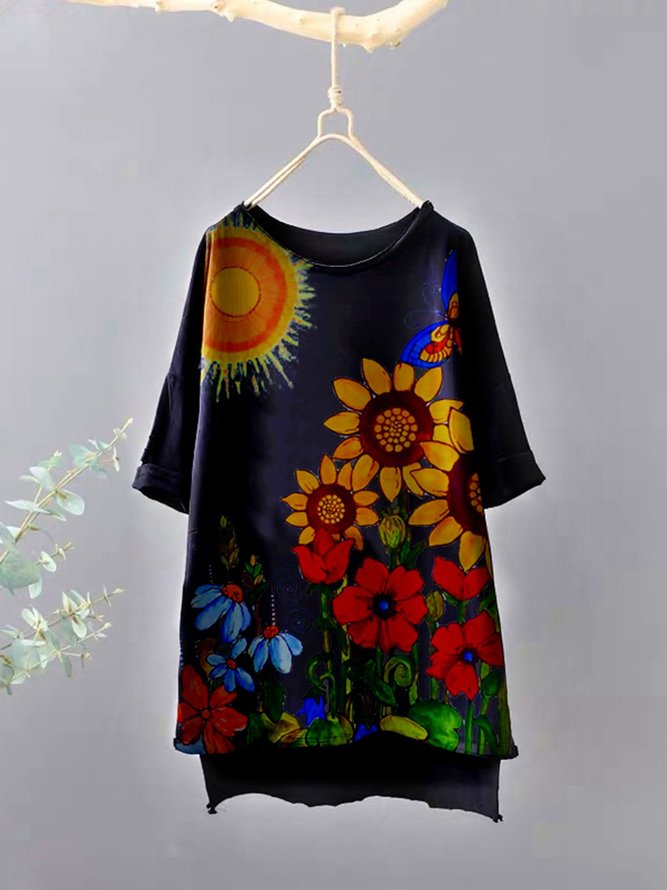 Black Cotton-Blend Floral Short Sleeve Tops