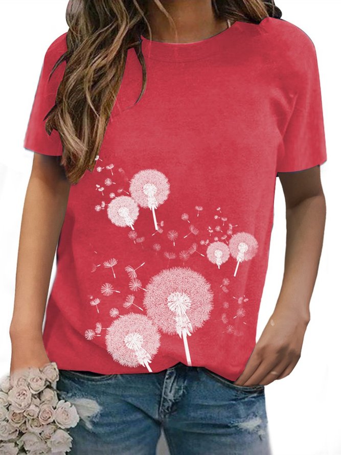 Dandelion Print Crew Neck Casual T-Shirts & Tops