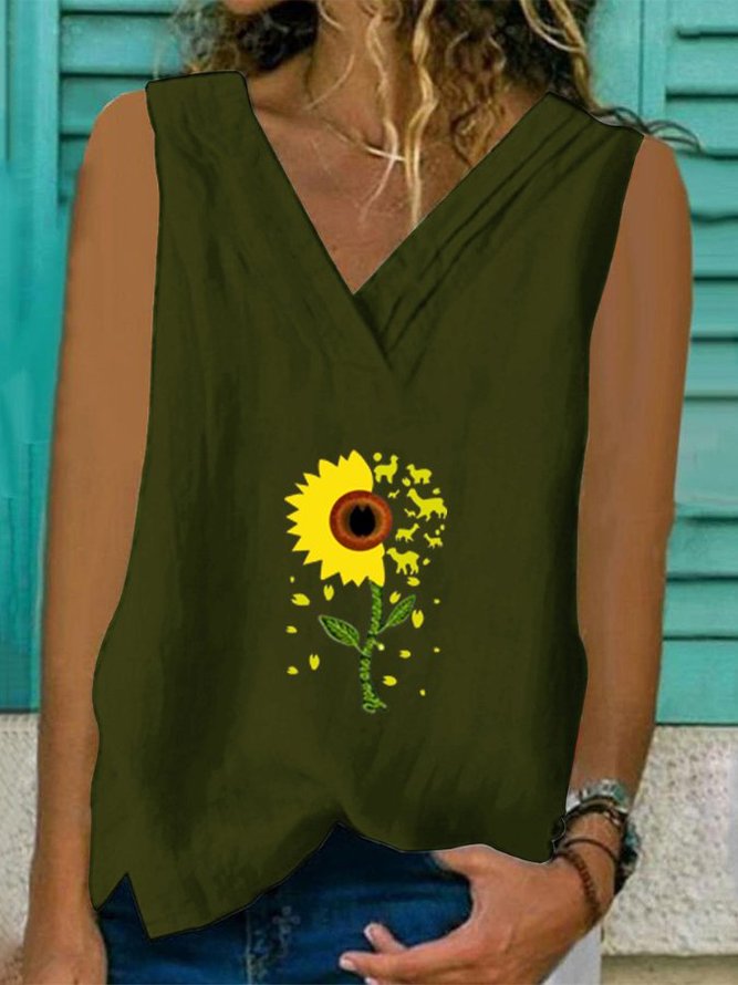 Sunflower Print Sleeveless Cotton Vest Shirts & Tops