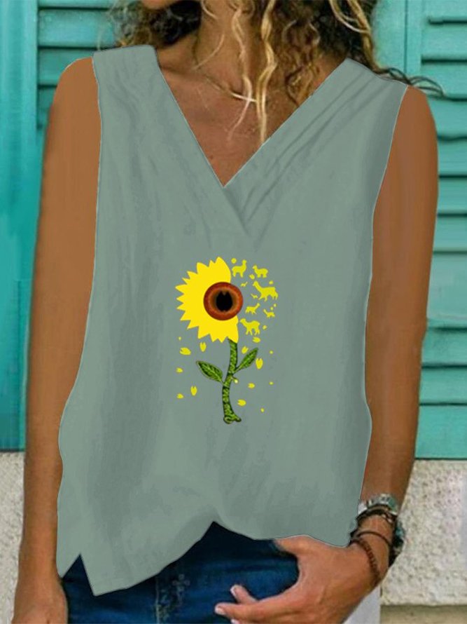 Sunflower Print Sleeveless Cotton Vest Shirts & Tops