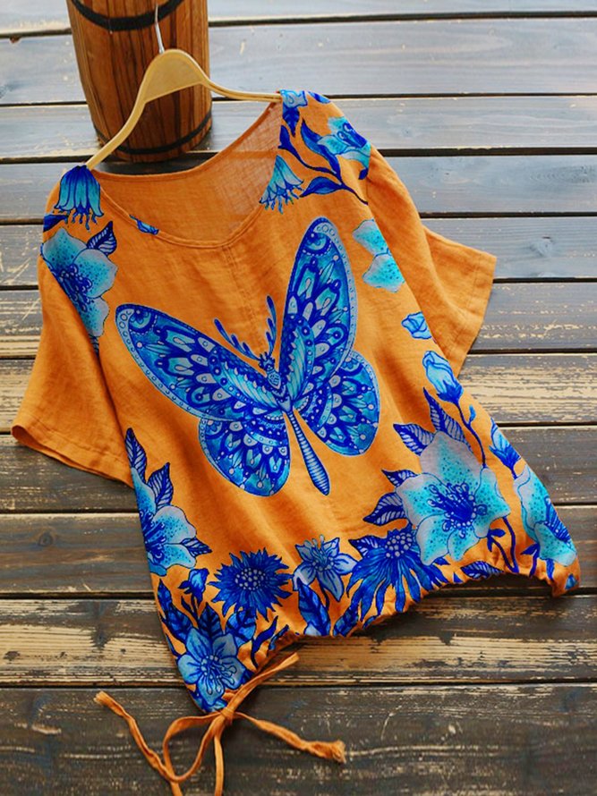 Orange Floral-Print Short Sleeve T-shirt