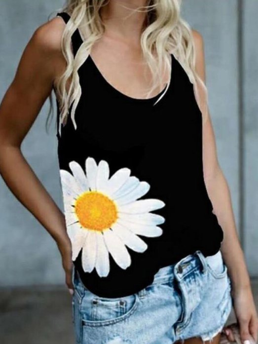 Sleeveless Floral Casual Cotton-Blend Shirts & Tops