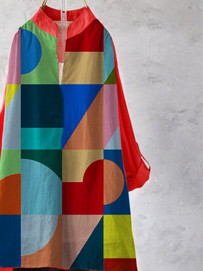 Color Geometric Casual Cotton-Blend Tops