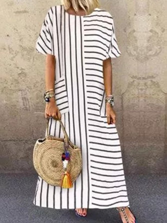 White Striped Short Sleeve Cotton-Blend Crew Neck Weaving Dress