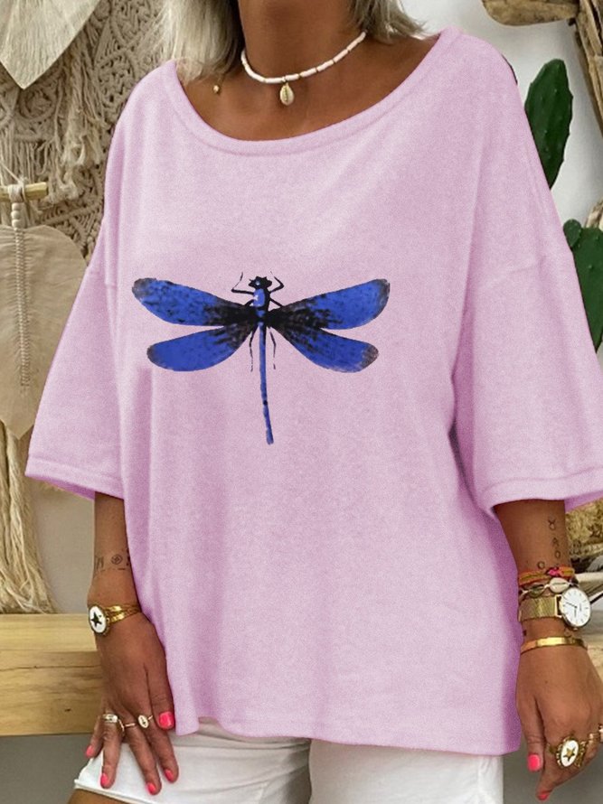 Dragonfly Print Loose Light Pink Tops