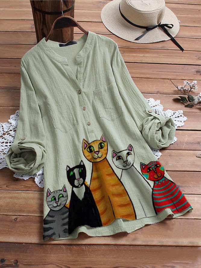 Green Cotton-Blend Casual Tops