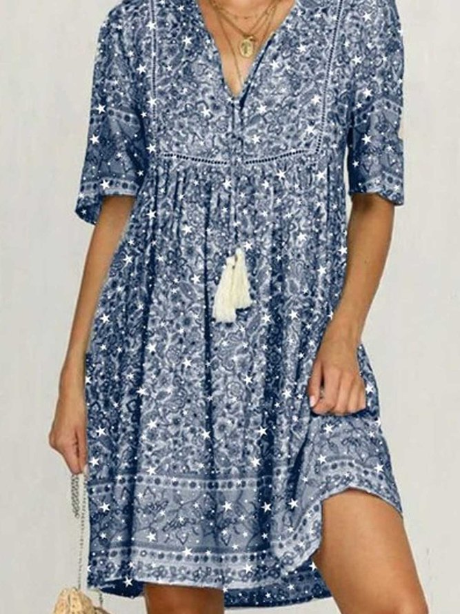 Blue Cotton Printed Short Sleeve Patchwork Weaving Dress