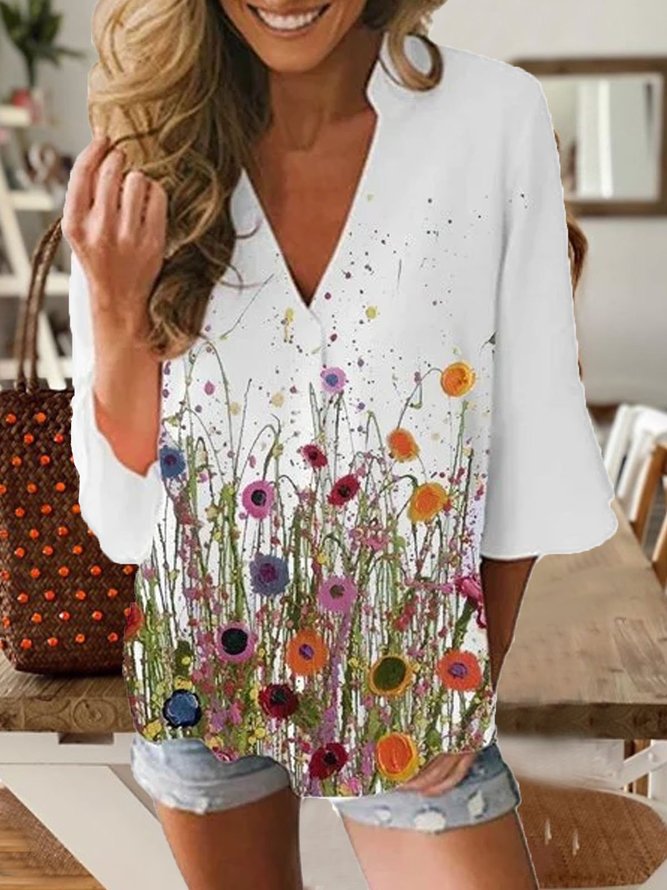 White Printed Cotton Half Sleeve Patchwork Tops