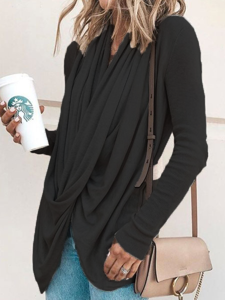 Spring Fall Cowl Neck Asymmetrical Solid Casual T-Shirts Tunics
