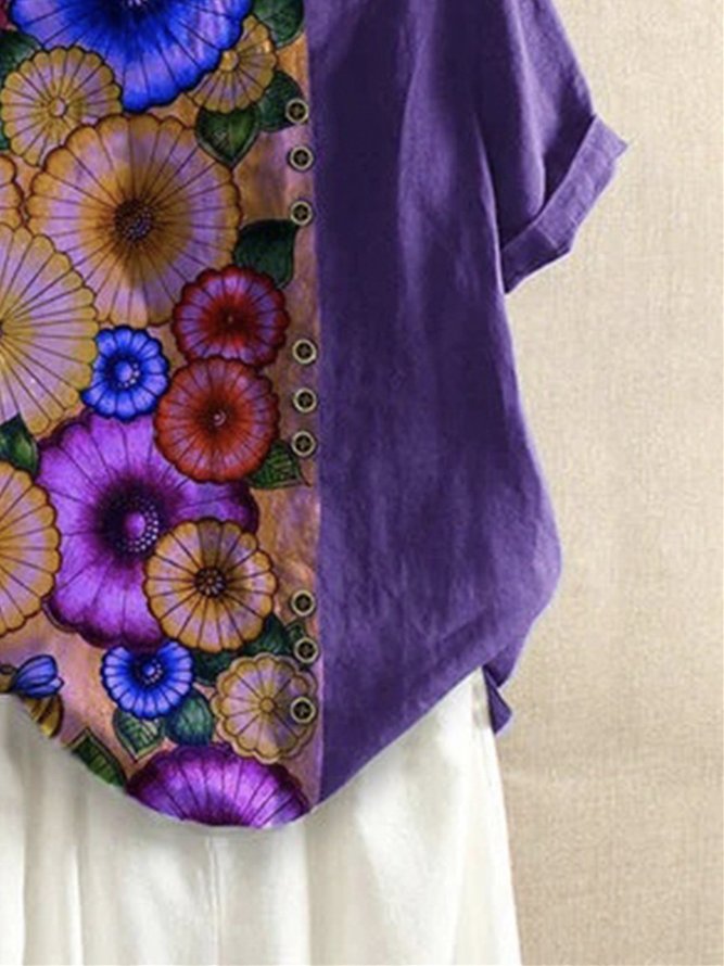 Violet Pastoral Cotton-Blend Short Sleeve T-shirt