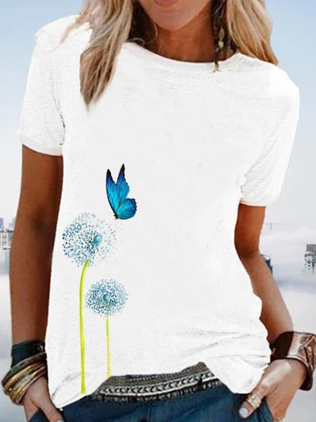 Graphic Cotton-Blend Crew Neck Casual Printed  Tops