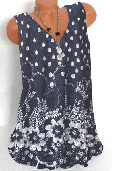 Navyblue Geometric Floral-Print Casual Tops