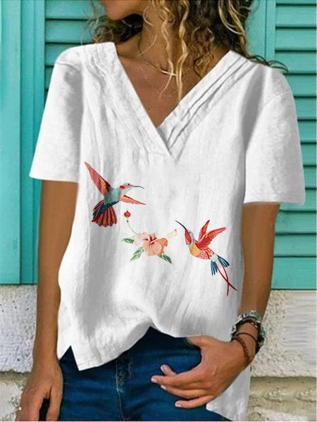 V Neck Printed Cotton-Blend Short Sleeve T-shirt