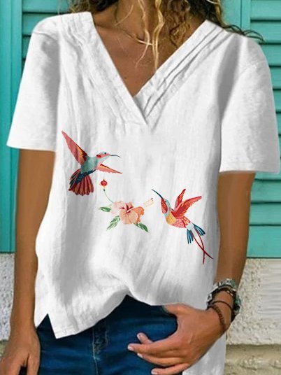 V Neck Printed Cotton-Blend Short Sleeve T-shirt