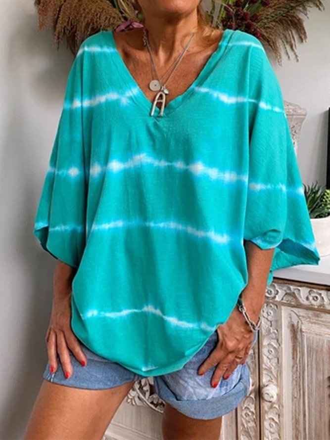 Green V Neck Cotton Casual Ombre/tie-Dye T-Shirts