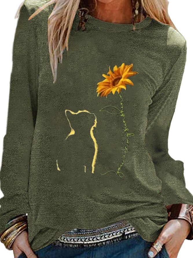 Cats & Sunflower Print  Long Sleeve T-shirt
