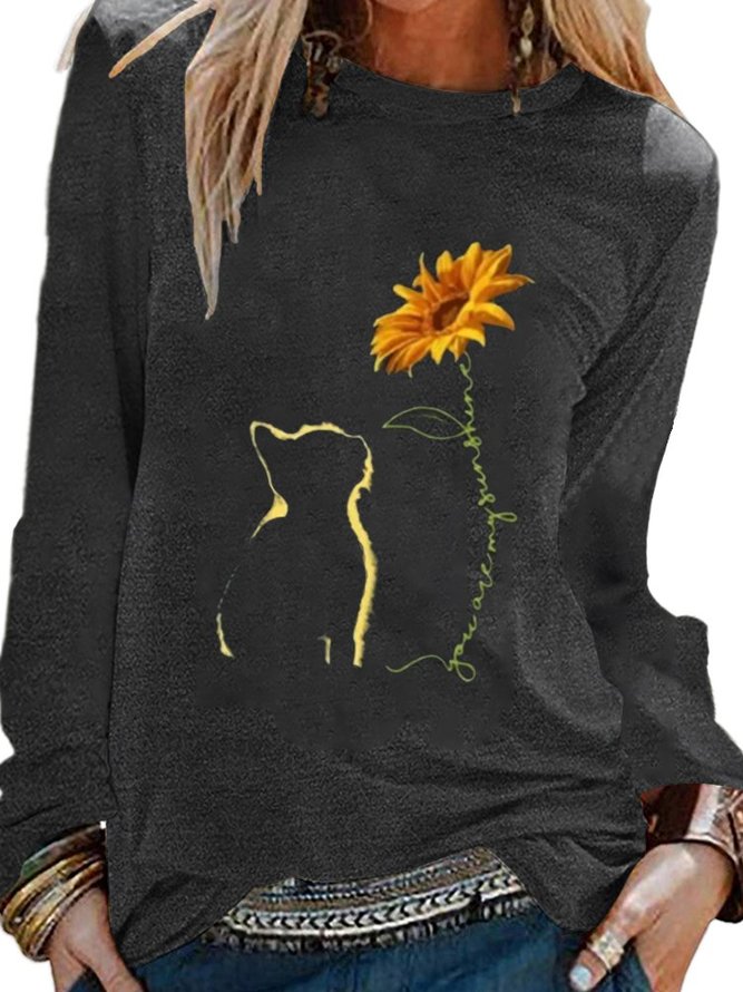 Cats & Sunflower Print  Long Sleeve T-shirt