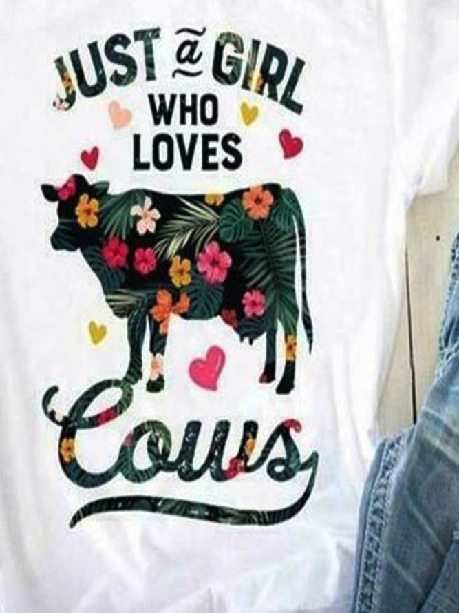 Casual plus size loose summer cow flower pattern printed short sleeve round neck T-shirt