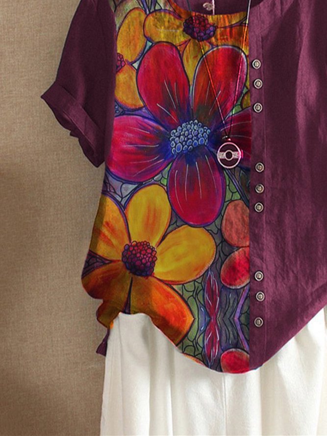 Violet Cotton-Blend Vintage Floral Tops