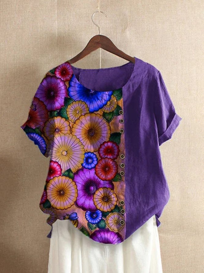 Violet Pastoral Cotton-Blend Short Sleeve T-shirt