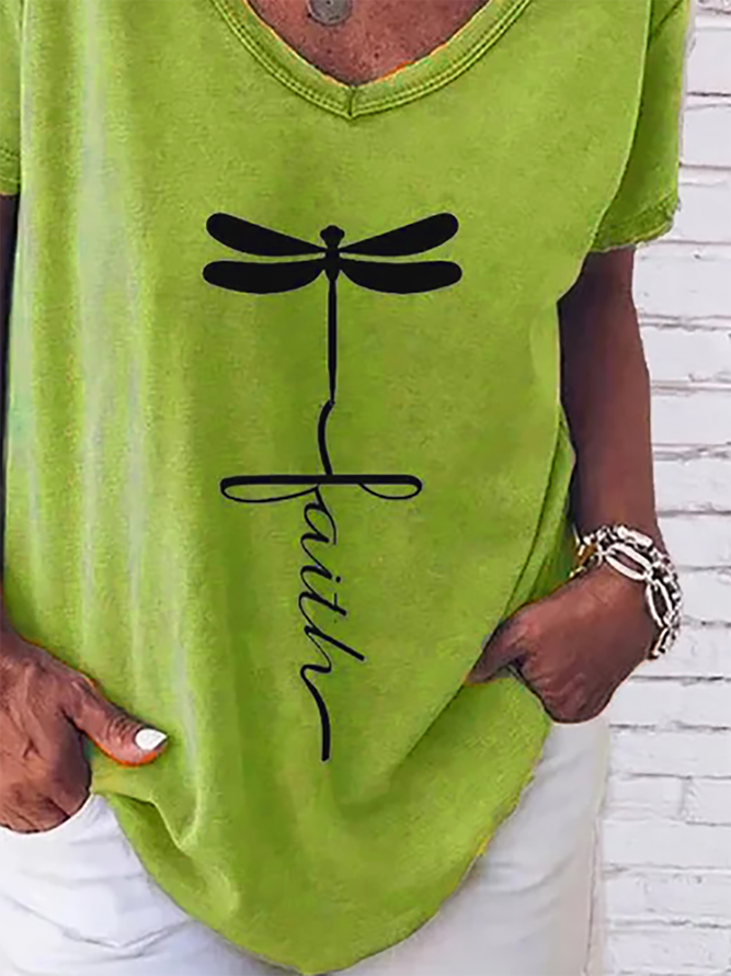 Green Casual Letter V Neck Cotton T-shirt