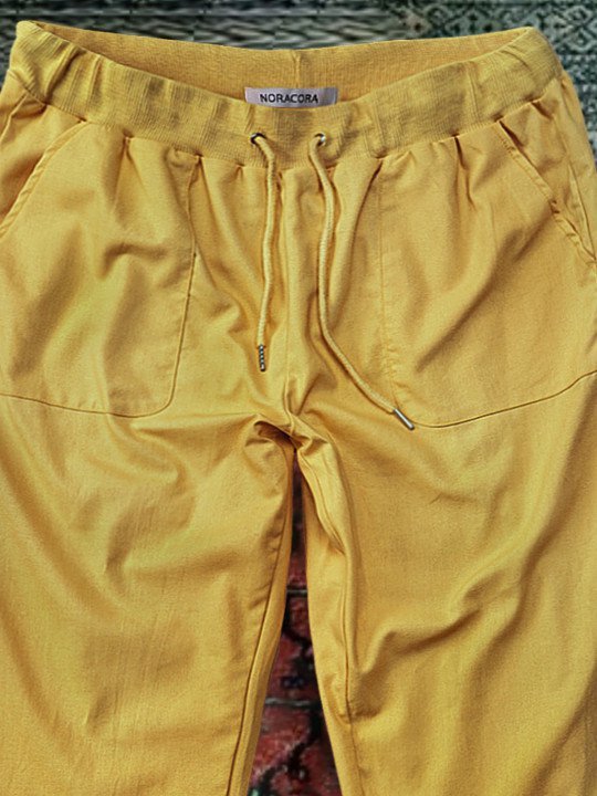 Women Cotton Solid Drawstring Casual Linen Pants