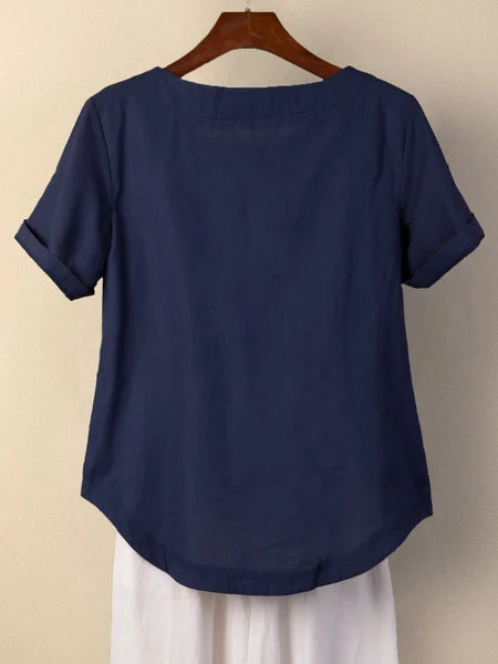 Navy Blue Cotton Casual Tops