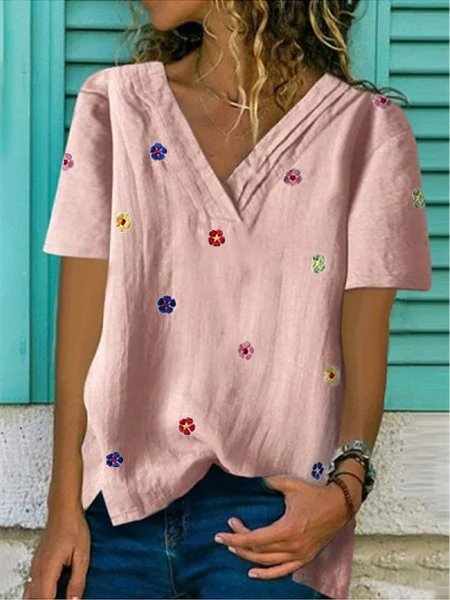 Short Sleeve V Neck Cotton-Blend T-shirt