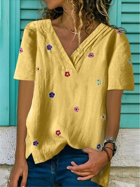 Short Sleeve V Neck Cotton-Blend T-shirt