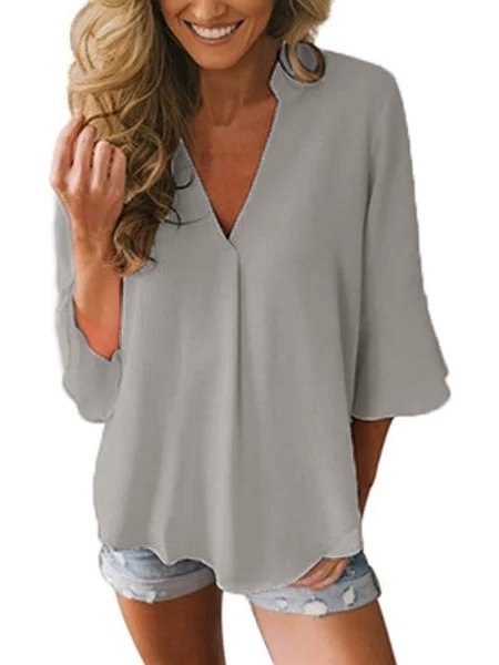 Women Casual V Neck Solid Business Blouse