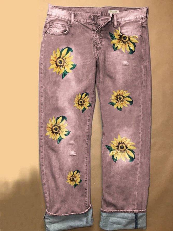 Casual Denim Printed Pants