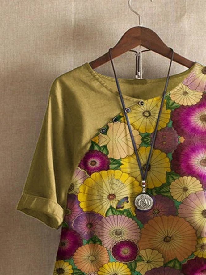 Khaki Vintage Floral Linen Floral-Print Tops
