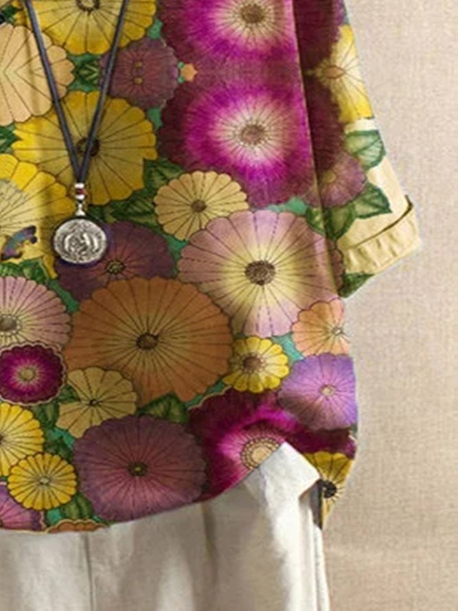 Khaki Vintage Floral Linen Floral-Print Tops