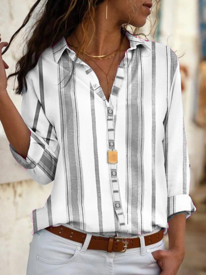 Gray Long Sleeve Shirt Collar Cotton-Blend Shirt & Top