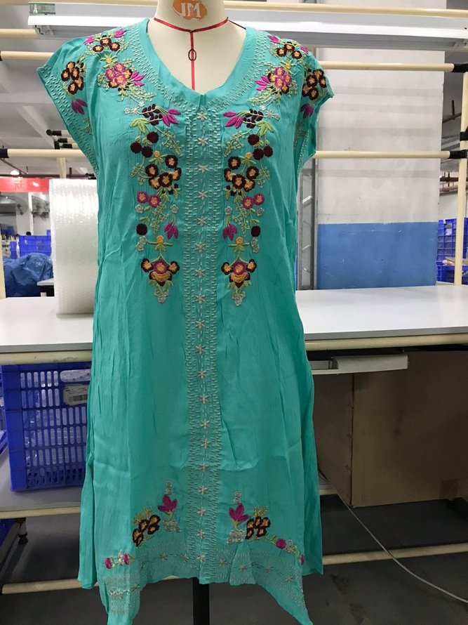Women Summer  Short Sleeve Embroidered Shift Weaving Dress