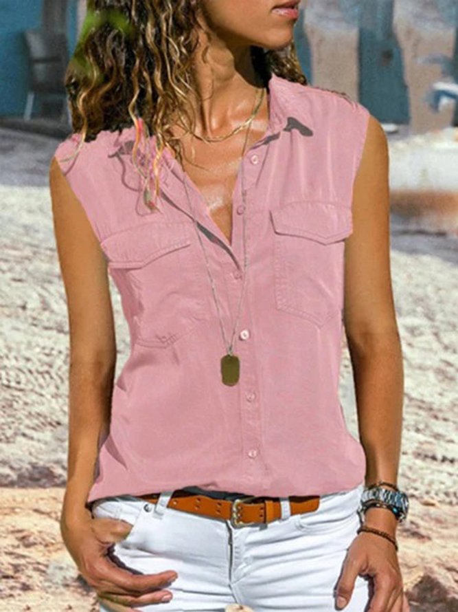 Casual Plain Turn-down Collar Buttoned Sleeveless Vest