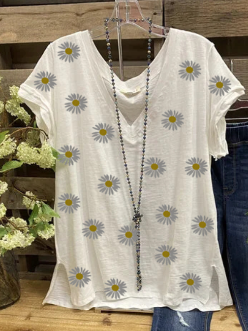 Cotton-Blend Floral V Neck Casual T-shirt