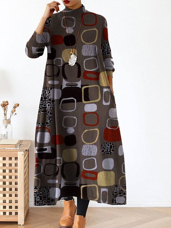 Gray Geometric Long Sleeve Knitting Dress